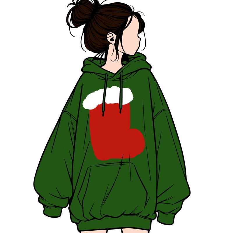 realistic girl with a oversized sweatshirt on and a bun