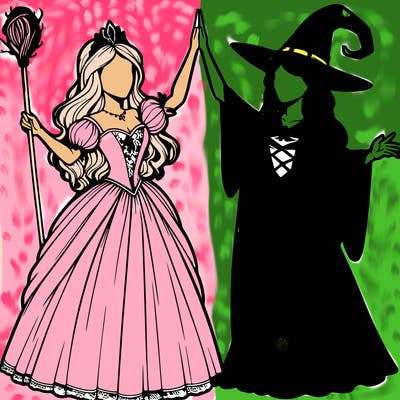 detailed realistic split of a princess and a witch