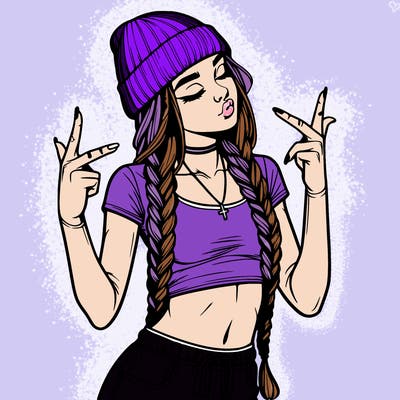 realistic teenage girl with braids and a beanie and crop top doing 🫶🏼