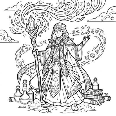 Embark on a mystical journey with this enchanting wizard coloring page, designed especially for young adventurers. Kids can bring this powerful spellcaster to life with their favorite colors, surrounded by magical swirls and ancient artifacts.