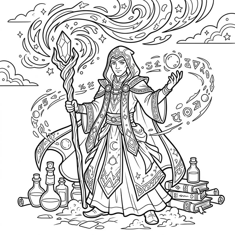 Embark on a mystical journey with this enchanting wizard coloring page, designed especially for young adventurers. Kids can bring this powerful spellcaster to life with their favorite colors, surrounded by magical swirls and ancient artifacts.