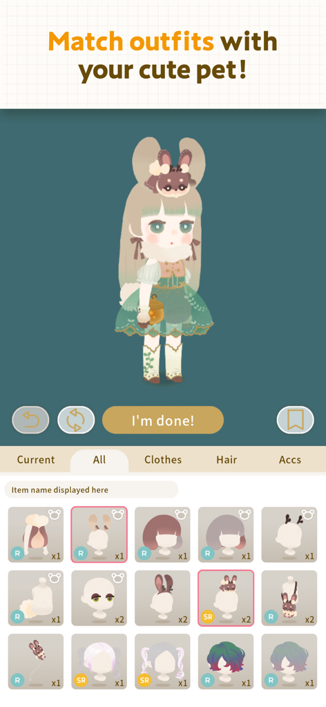 Livly Island - Adopt Cute Pets - A screen from the Livly Island app showing avatar customization and matching outfits with a pet