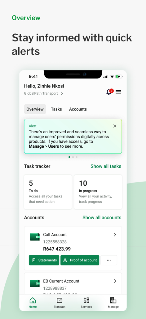 Nedbank Business Hub app dashboard showing account balances task tracker and alerts