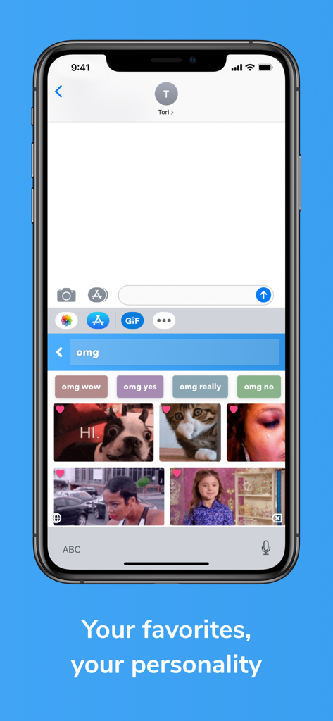 Teclado de GIFs do Tenor exibindo uma pesquisa por GIFs de 'omg' e os clipes de reação favoritos de um usuário em um aplicativo de mensagens.