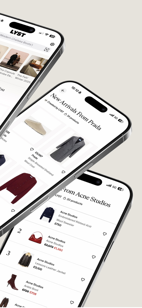 Lyst app interface on multiple iPhones showing curated fashion arrivals from luxury brands like Prada and Acne Studios