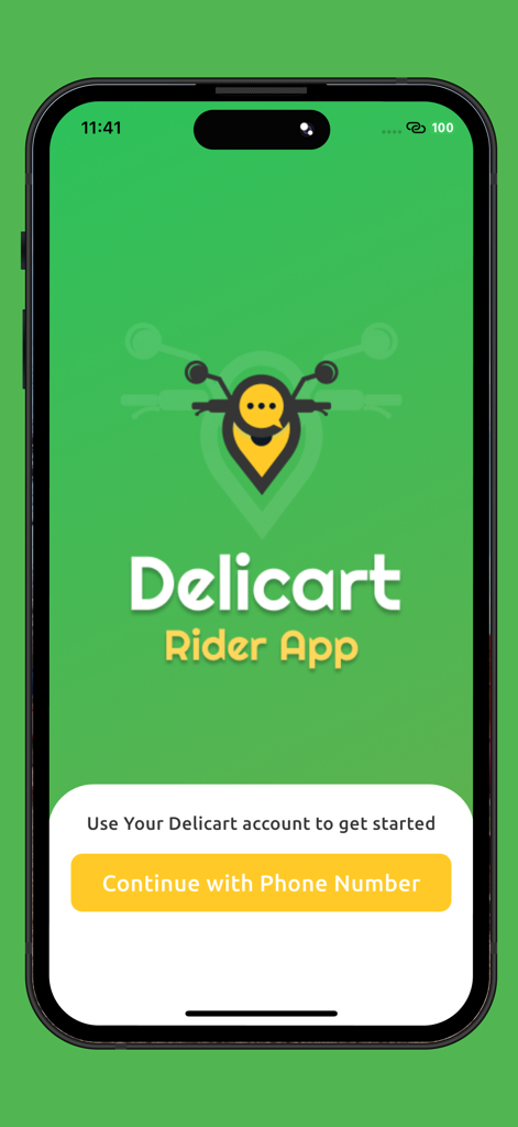 Delicart  Partner - Welcome screen for the Delicart Partner app with a phone number sign-in button and a green background.