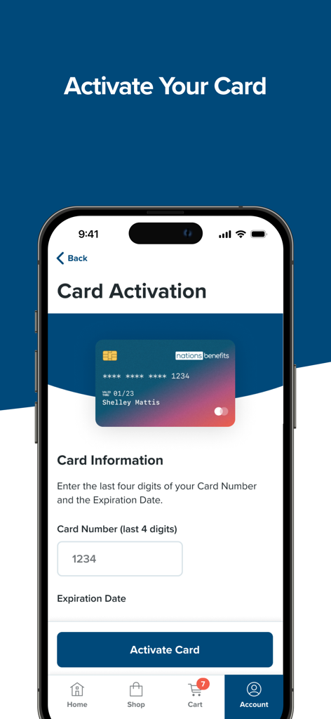 A mobile screen showing the card activation process in the Benefits Pro app
