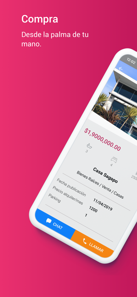 Encuentra24.com - 모바일 앱 화면, 스페인어로 가격 및 연락처 옵션이 있는 판매용 부동산 표시.