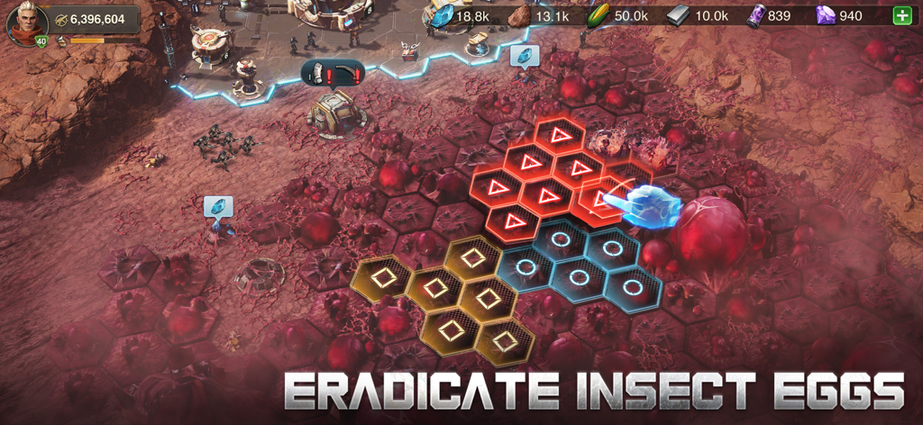 Une capture d'écran du jeu de Marsaction 2 montrant le joueur éradiquant des œufs d'insectes sur une grille hexagonale à la surface martienne.