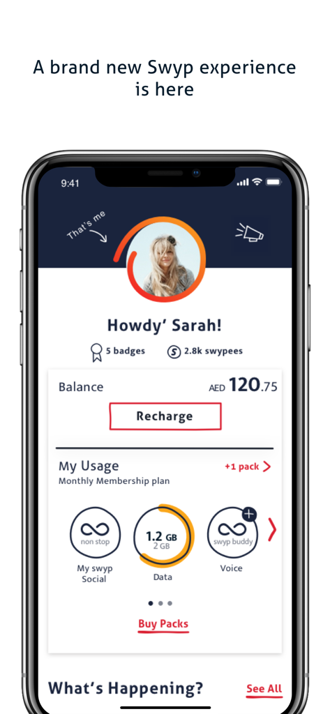 swyp UAE - Swyp UAE mobile app interface showing user account balance and data usage summary