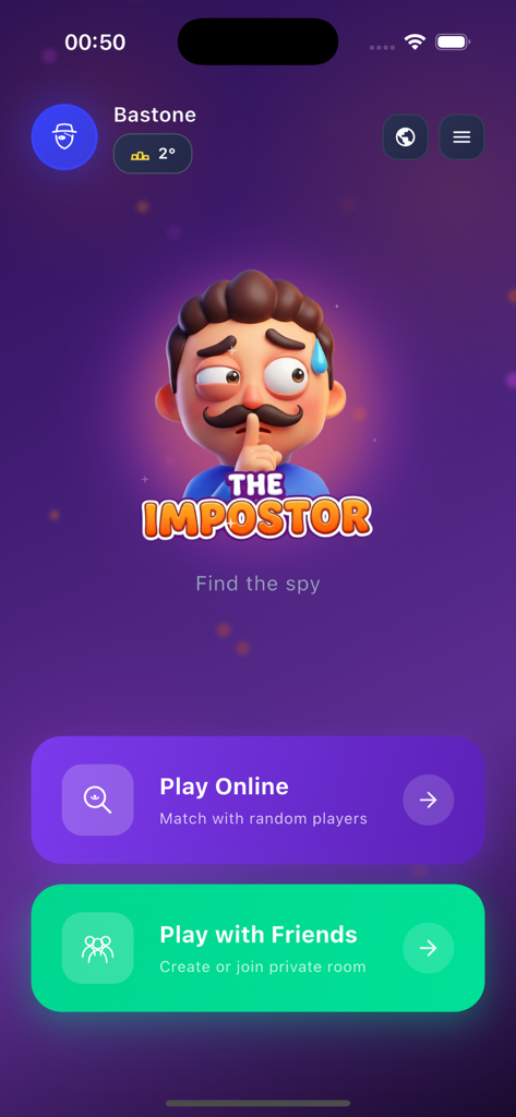 Main menu of the Undercover Mr White social deduction game with buttons to play online or with friends.