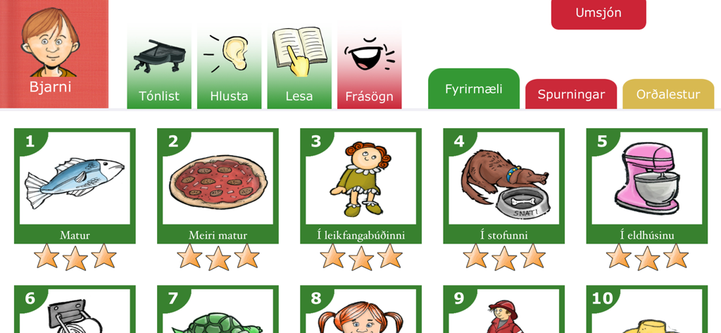 Orðagull app interface showing Icelandic language lessons and progress stars