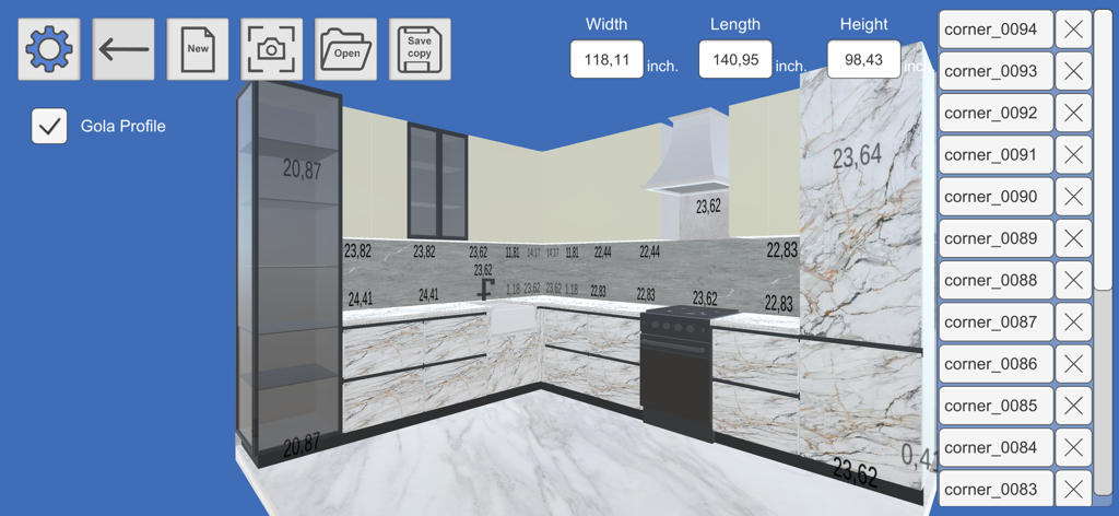 3D kitchen design interface with marble cabinets and precise measurements