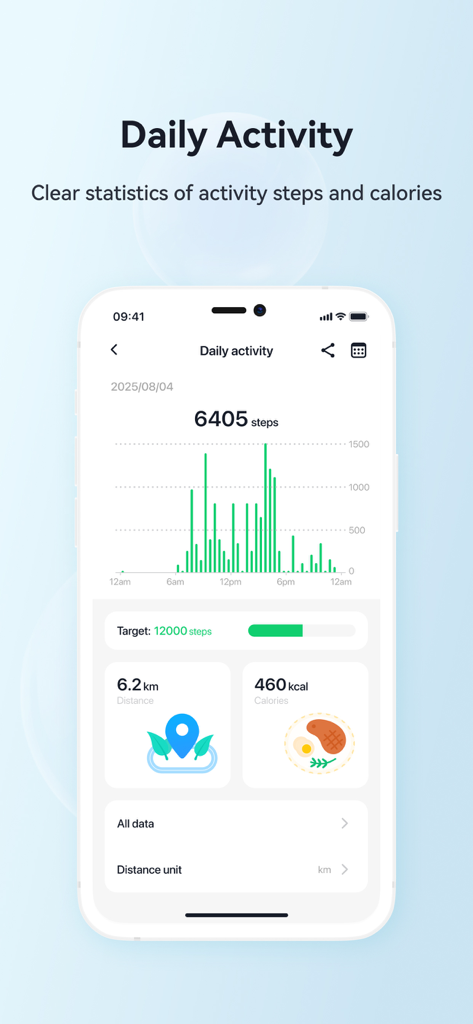 H Ring - HealthLife - H Ring app daily activity screen showing 6405 steps, 6.2 km distance, and 460 calories burned with a bar graph.