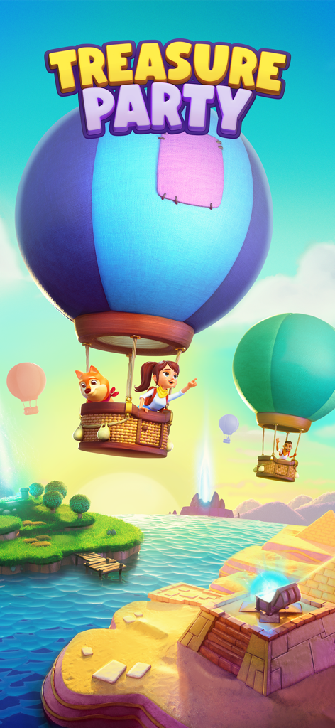 An explorer and her dog flying in a hot air balloon over a magical world with a treasure chest