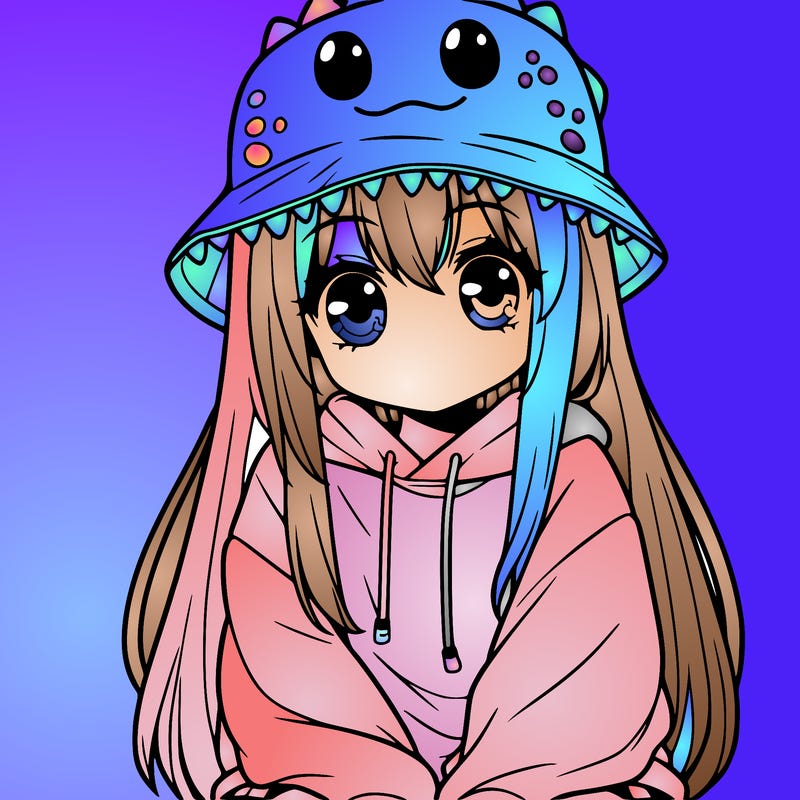 girl with anime shaped eyes with a dinosaur bucket hat oversized sweatshirt long straight hair