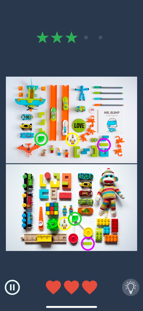 A gameplay screenshot showing two different pictures of toys with three identical objects circled to indicate matches found.