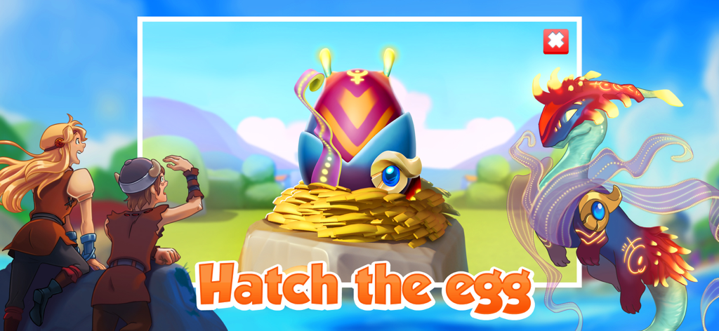 Dragon Mania Legends - Des personnages observent un œuf de dragon mystique et coloré dans un nid, prêt à éclore.