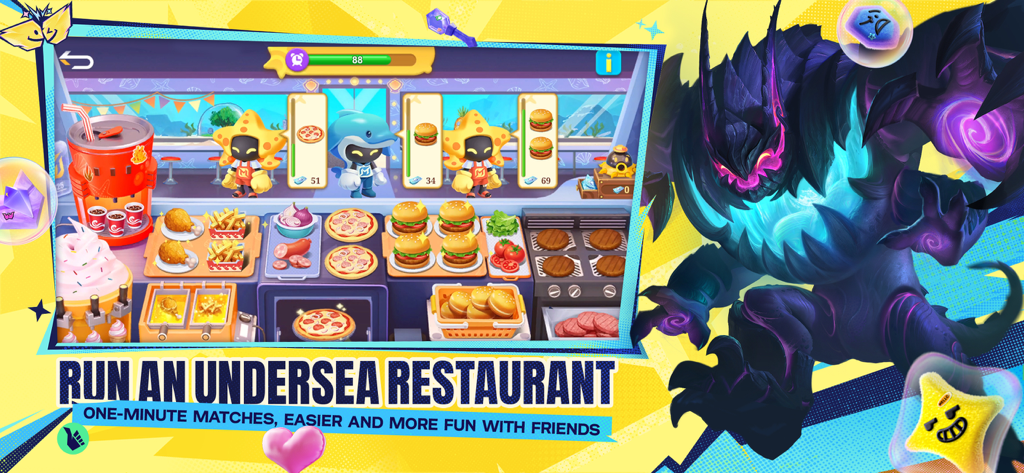 Screenshot of a mini-game in Mobile Legends Bang Bang US where players run an undersea restaurant with characters serving burgers and pizza