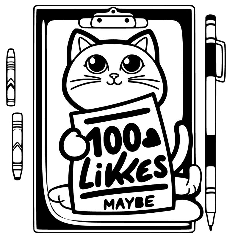a cat holding a paper that says 100 likes maybe