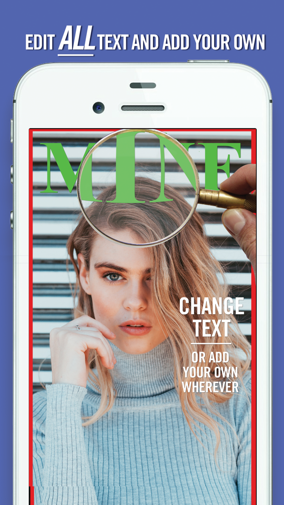 A smartphone displaying a customizable magazine cover inside the Magazine Maker app featuring a woman and editable text layers