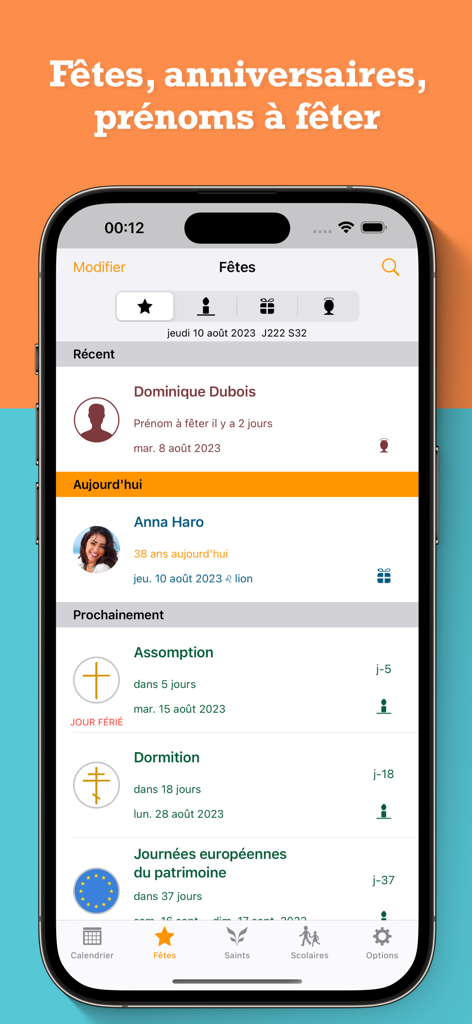 France Agenda - France Agenda app screen showing birthdays name days and holidays