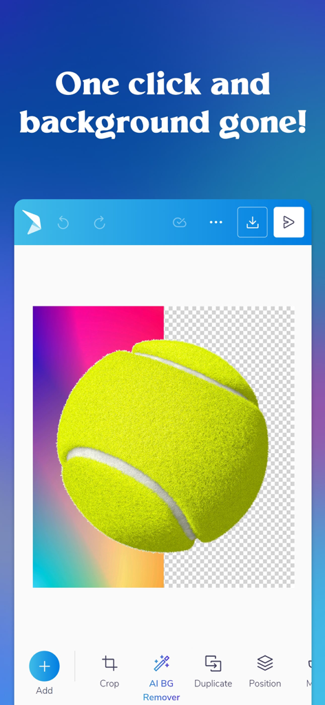 PosterMyWall: Design & Promote - PosterMyWall mobile app demonstrating one-click AI background removal on a tennis ball