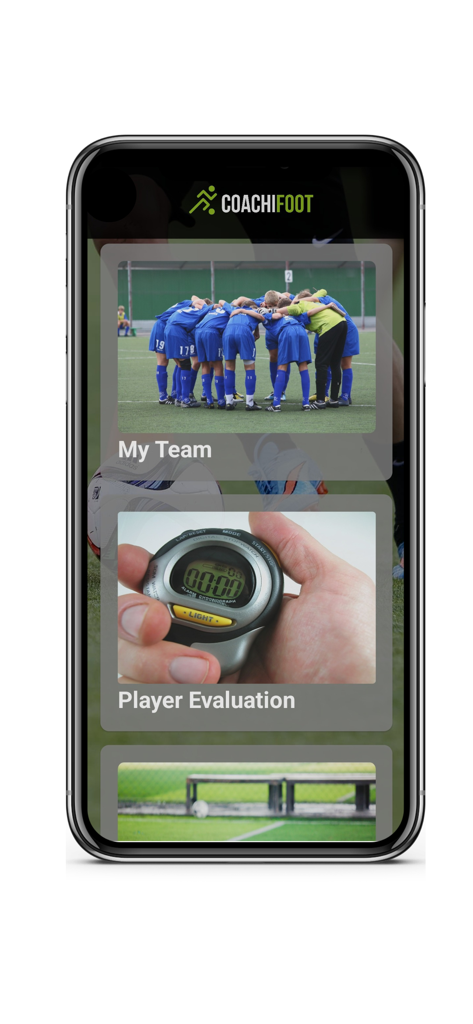 Coachifoot Soccer Drills - Tela de smartphone exibindo o aplicativo de treinamento de futebol Coachifoot com os módulos Minha Equipe e Avaliação de Jogador