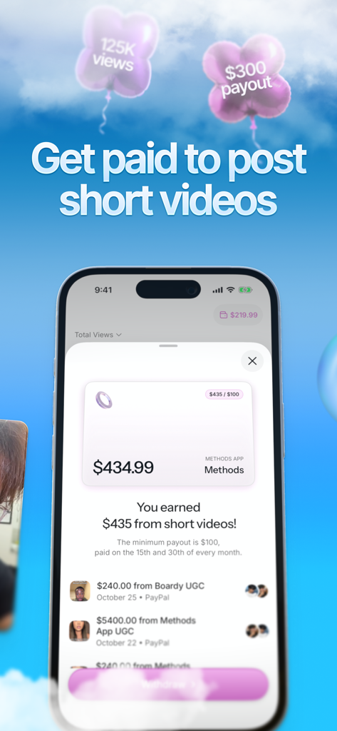 Smartphone screen showing the Methods app interface with earnings and payouts for posting short videos