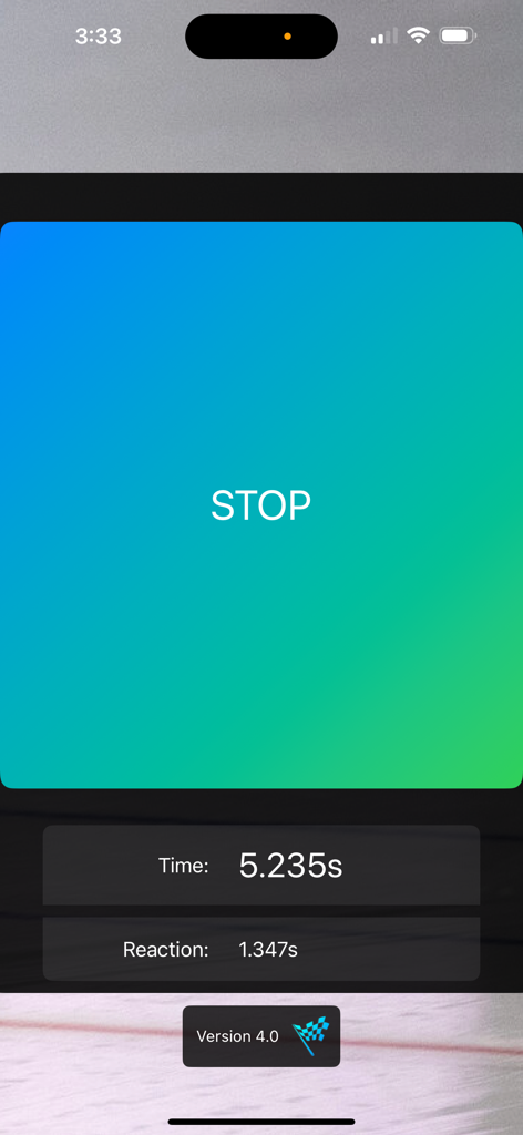 Racing Start Simulator - Racing Start Simulator interface displaying the stop button and calculated reaction and total time results
