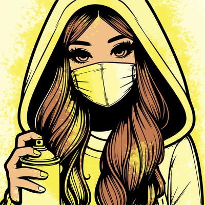 girl wearing a mask with long hair with her hood up spray-painting realistic