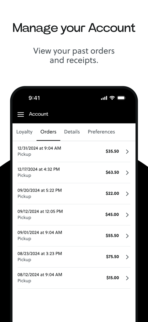 JARS Cannabis mobile app interface showing the order history screen with a list of past pickup orders and prices