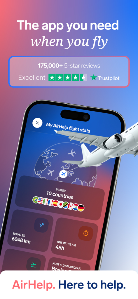 AirHelp・Flight Tracker & Claim - Interfaccia dell'app AirHelp che mostra le statistiche di volo dell'utente come paesi visitati e distanza percorsa insieme alla valutazione Trustpilot