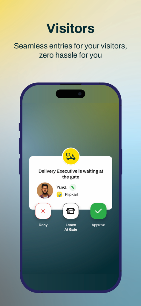 Mygate Premium - 정문에서 배송 직원을 승인하거나 거부할 수 있는 옵션이 포함된 Mygate Premium 앱 방문자 관리 인터페이스를 보여주는 스마트폰 화면.
