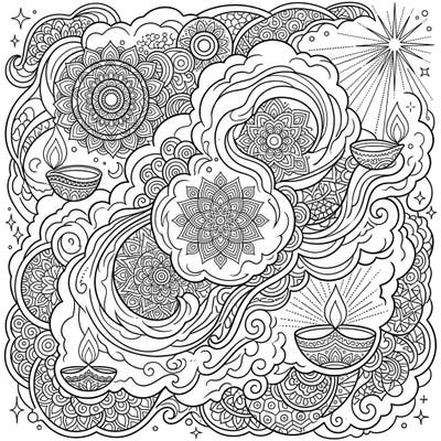 Immerse yourself in the celestial beauty of this Zentangle nebulae coloring page, beautifully blended with Diwali motifs. Discover intricate patterns and radiant light effects, perfect for a meditative and festive coloring experience.