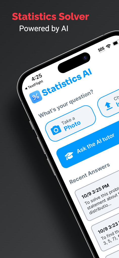 Statistics Solver: Stat AI - Statistics Solver AI mobile app interface showing options to take a photo of a problem or ask an AI tutor for step by step solutions