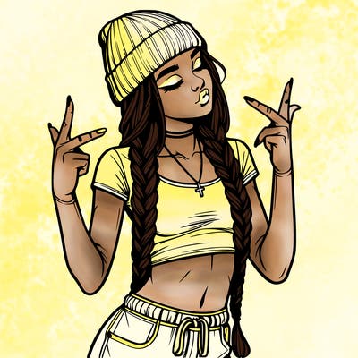 realistic teenage girl with braids and a beanie and crop top doing 🫶🏼