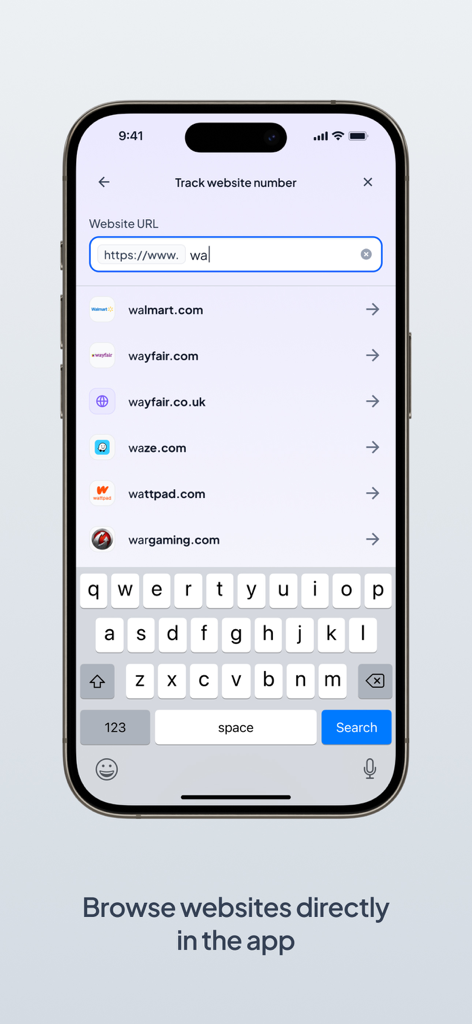 AnyTracker app screen showing the search interface for websites like Walmart and Wayfair to track prices.