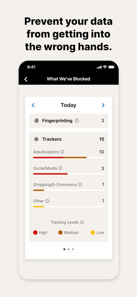 Norton AntiTrack - Tableau de bord Norton AntiTrack affichant les tentatives de fingerprinting bloquées et les statistiques de suivi Web classées par type.