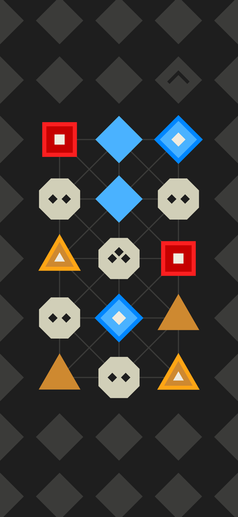 Um tabuleiro de quebra-cabeça minimalista do jogo LYNE com uma grade de formas geométricas coloridas como quadrados, diamantes e triângulos em um fundo cinza escuro.