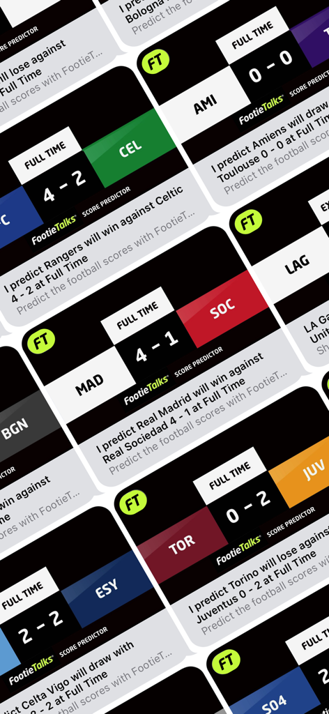 チャットインターフェース内で試合結果と予測を示すサッカーのスコア予測カードのコラージュ