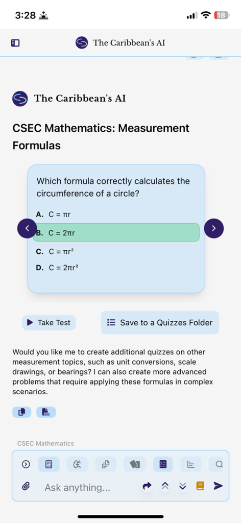 The Caribbean's AI - Un cuestionario de Matemáticas de CSEC sobre fórmulas de medición que presenta una pregunta de opción múltiple sobre la circunferencia del círculo dentro de la aplicación La IA del Caribe.