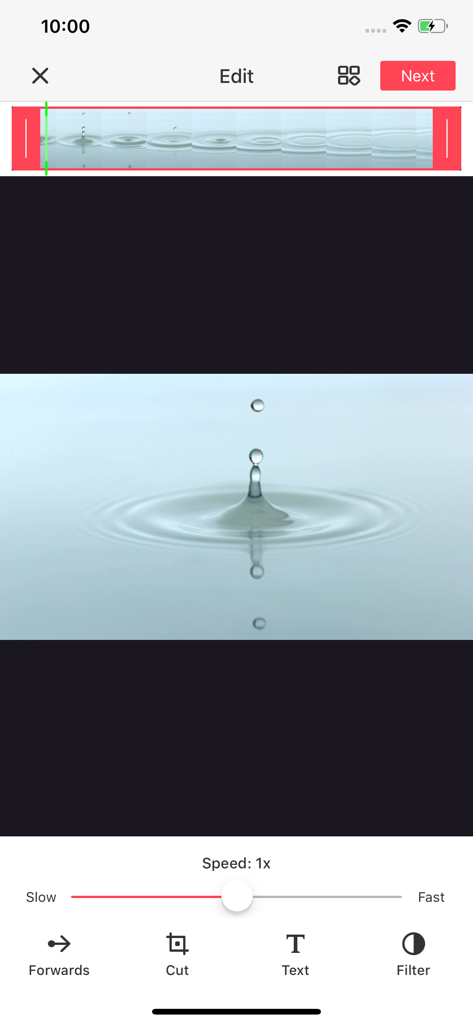 Gif大师 - 动图制作 - Interface of the GIF Master app showing a water droplet video being edited with speed adjustment and filter options