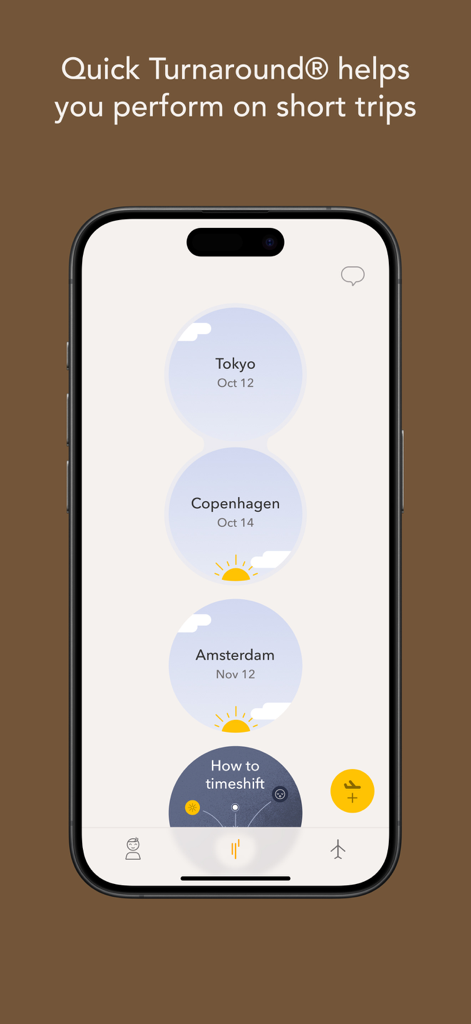 Timeshifter app interface showing travel plans for Tokyo Copenhagen and Amsterdam using the Quick Turnaround feature