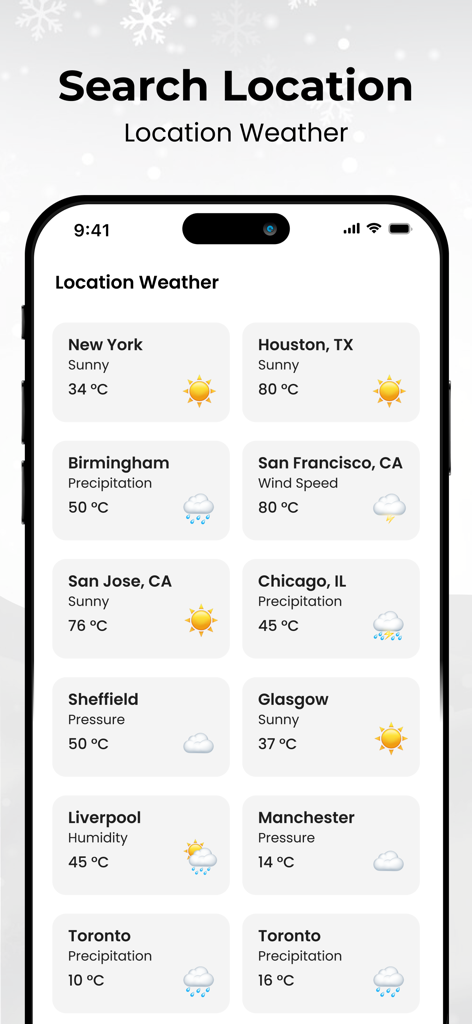 List of current weather conditions and temperatures for multiple global cities in the Thermometer app