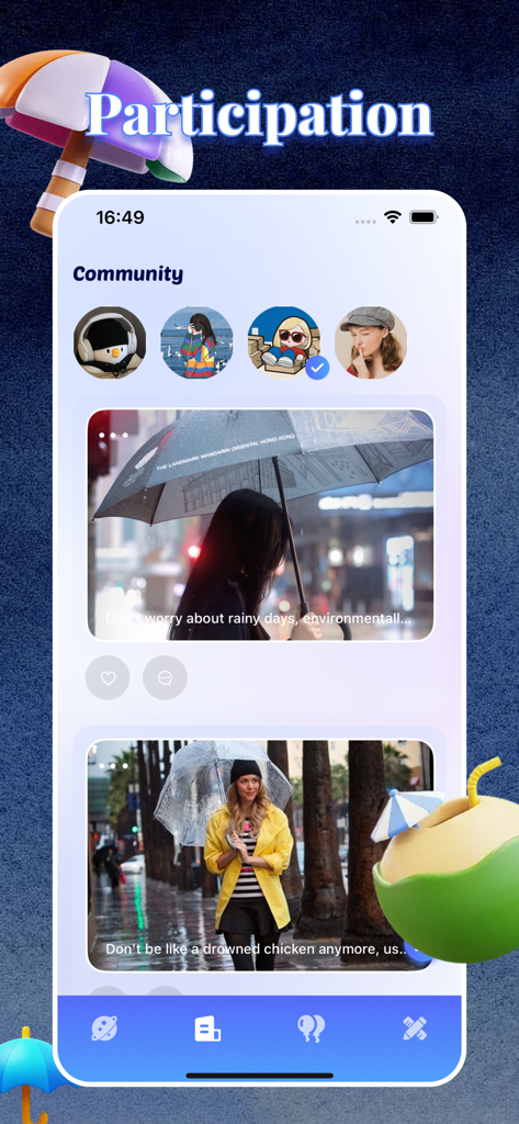 Palmo - Adult Connect, Share - Palmoアプリのインターフェースには、ユーザーアバターと傘を持つ人々の写真が表示されたコミュニティフィードが表示されています。