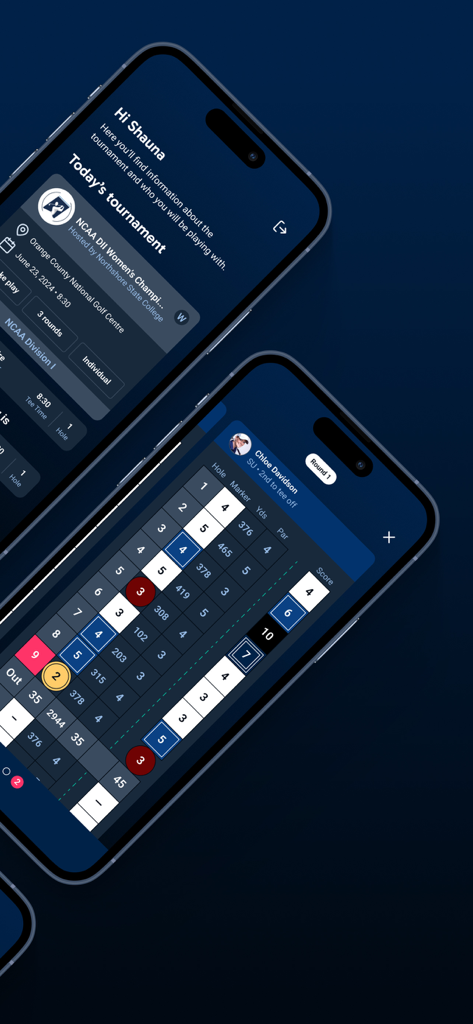 Scoreboard Live Scoring - Interfaz de la aplicación Scoreboard Live Scoring mostrando una tarjeta de puntuación de golf digital y detalles del torneo