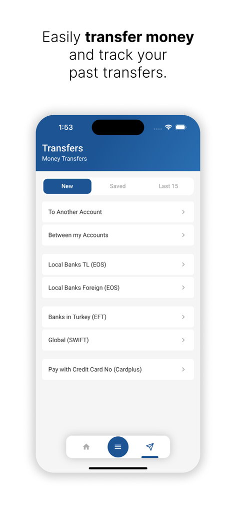 iktisatbank - Pantalla de la aplicación móvil de Iktisatbank que muestra opciones de transferencia de dinero, incluidos bancos locales, bancos en Turquía y transferencias SWIFT globales.