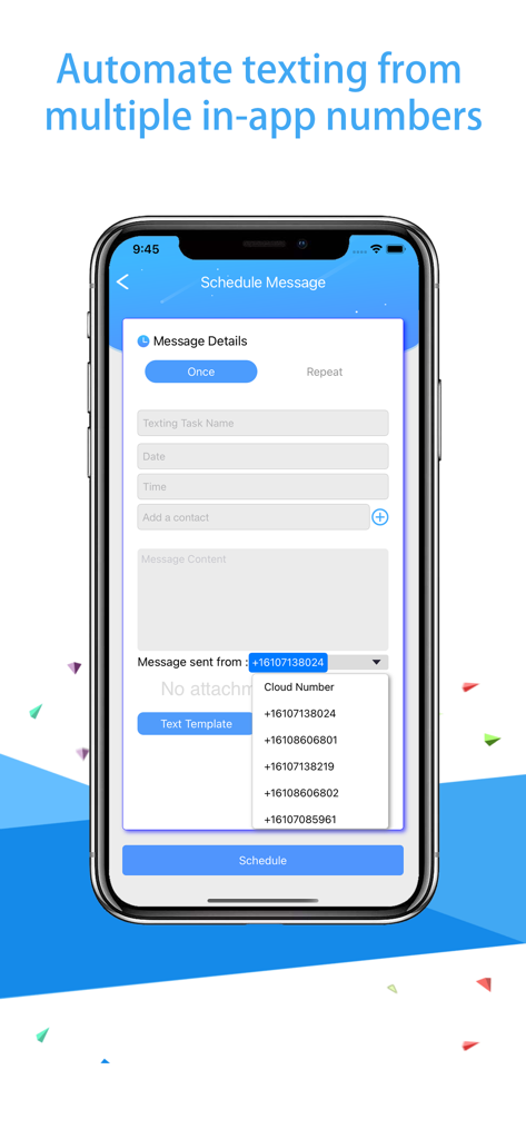 AutoSender Pro - Auto Texting - Interfaz de AutoSender Pro para programar mensajes de texto automáticos desde múltiples números de teléfono en la nube