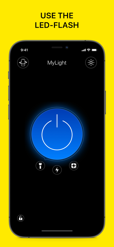 MyLight – Flashlight & LED - Interface do aplicativo MyLight em um iPhone mostrando a tela de ativação do flash LED com um grande botão de ligar azul.